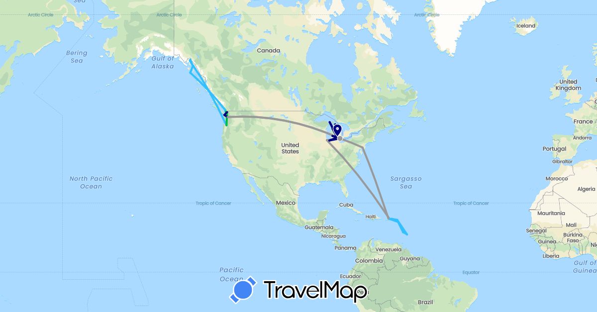 TravelMap itinerary: driving, bus, plane, boat in Barbados, Canada, Saint Kitts and Nevis, Saint Lucia, Netherlands, United States (Europe, North America)